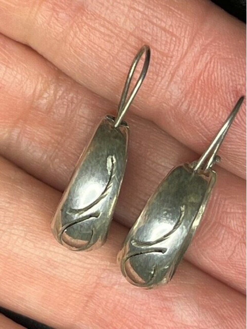 B7381 Vintage MEXICO Sterling Silver Wide Hoop Earrings 1" Drop Vine Artisan